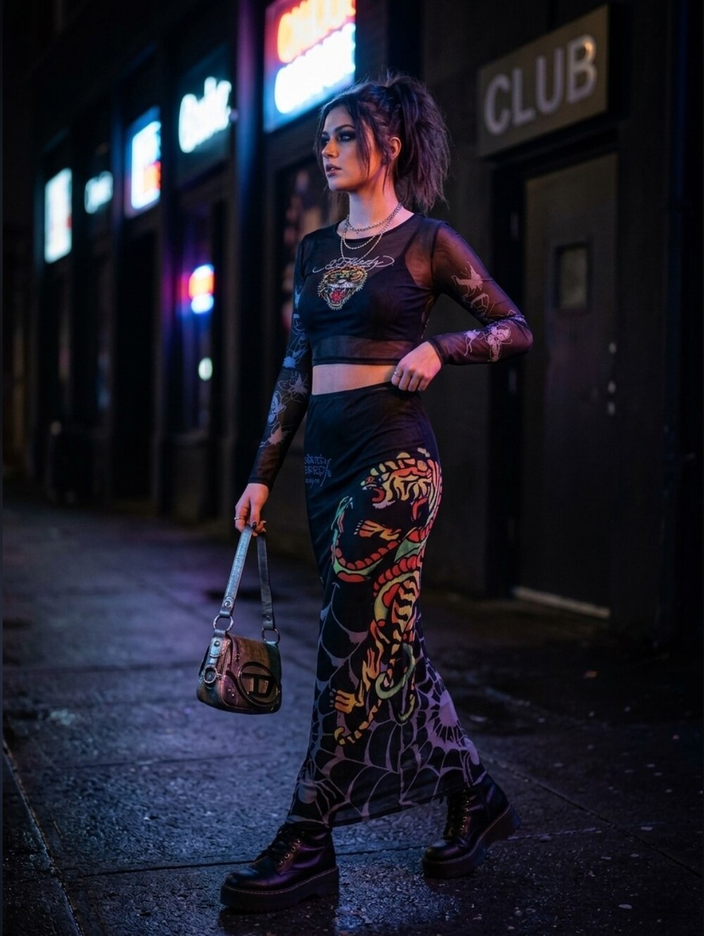 NWT Ed Hardy SET OF 2 Sheer Mesh Tiger Maxi Skirt + Cropped Sheer Top Cover Up M